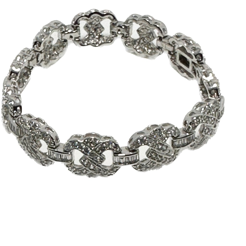Sterling Silver (.925),Pave Crystal Flower Station Link Bracelet,